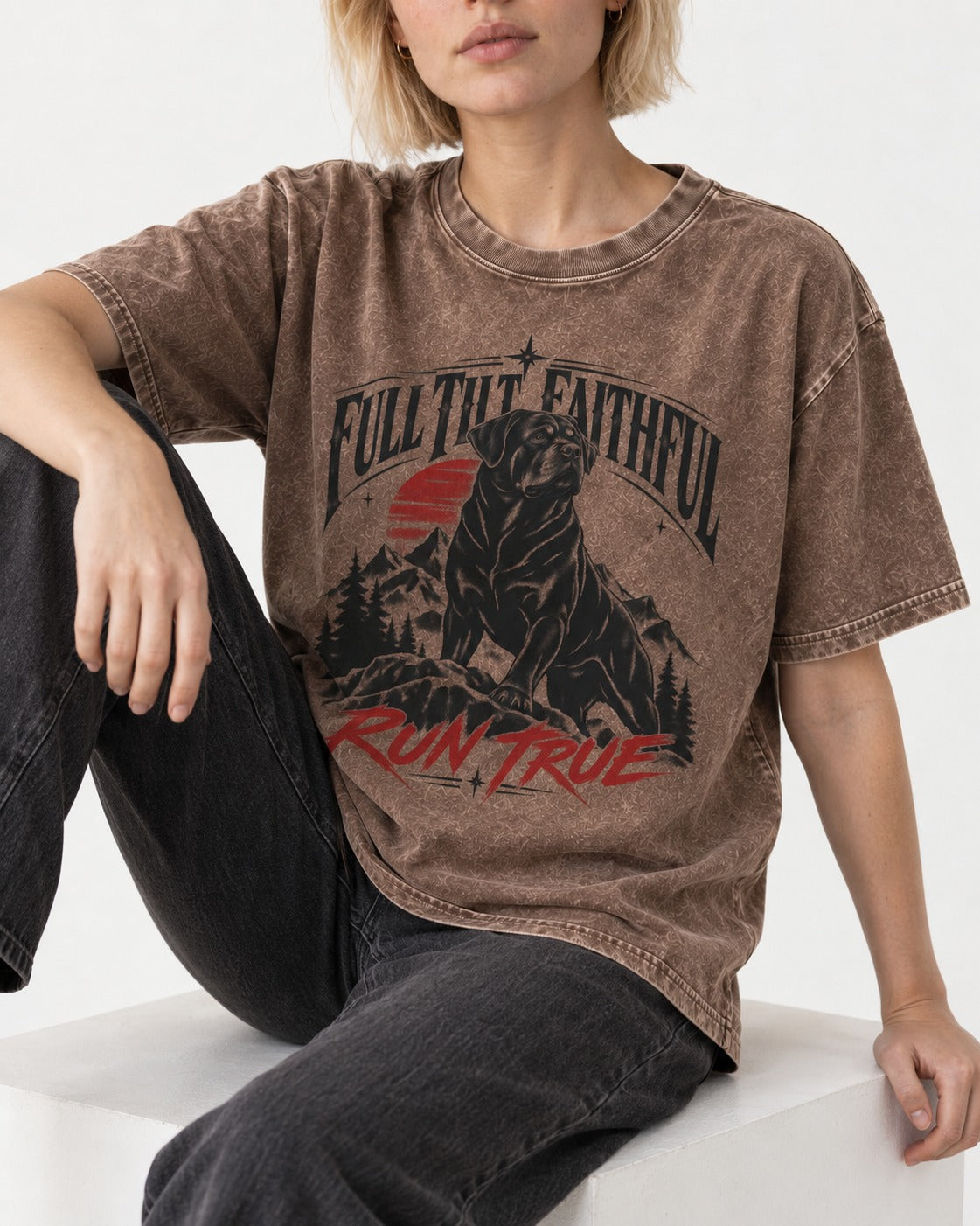 Run True Rottweiler Washed Tee in Coffee, worn by a seated model
