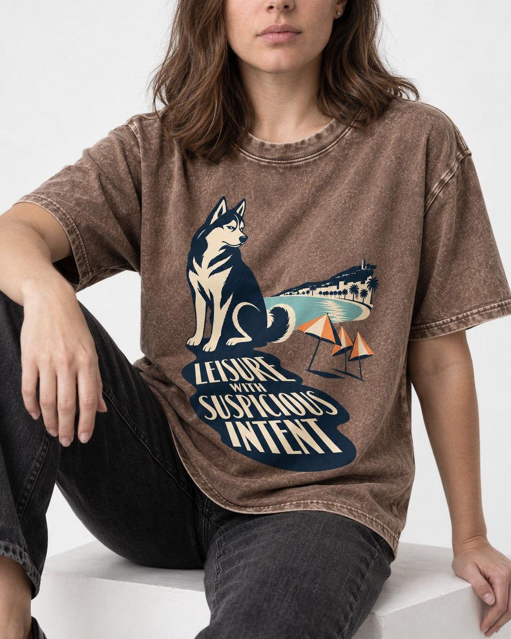 Husky Leisure with Suspicious Intent Washed Tee in Coffee, worn by a seated model