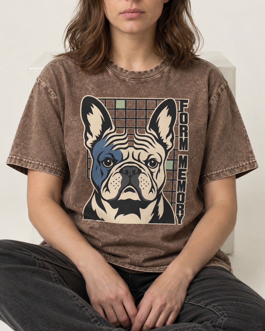 Form Memory Frenchie Washed Tee in Coffee, worn by a seated model