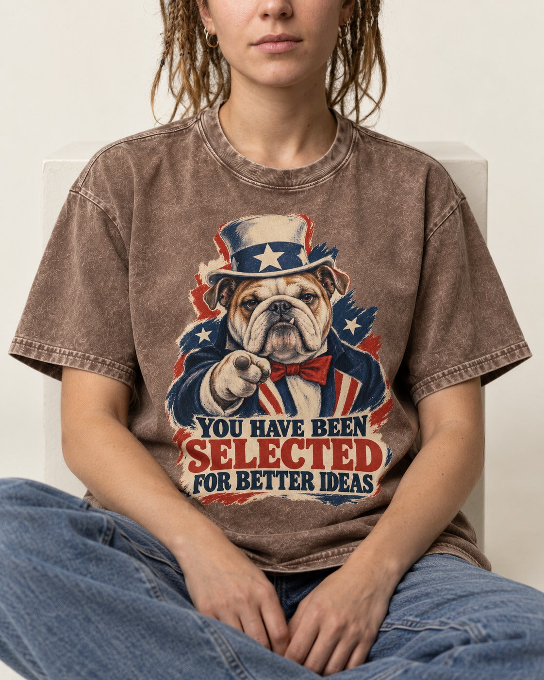 English Bulldog Selected for Better Ideas Washed Tee in Coffee, worn by a seated model