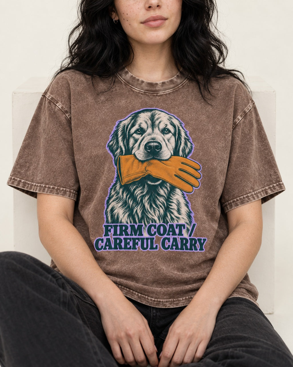 Golden Retriever Firm Coat Careful Carry Washed Tee in Coffee, worn by a seated model