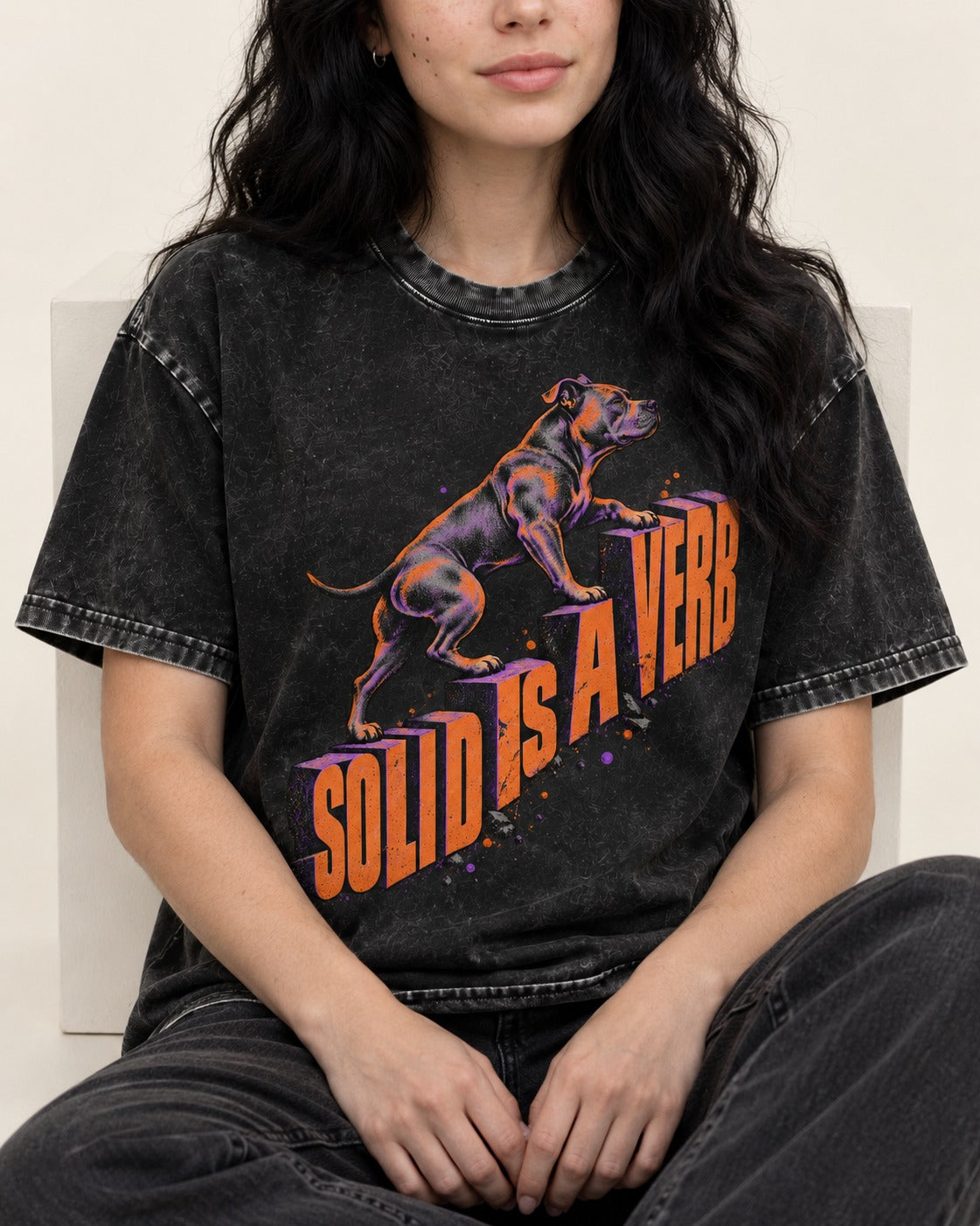 Pitbull Solid Is a Verb Step Type Graphic Washed Tee in Black, worn by a seated model