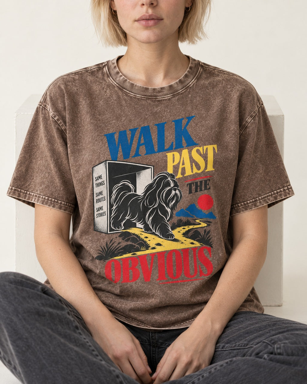 Shih Tzu Walk Past the Obvious Washed Tee in Coffee, worn by a seated model