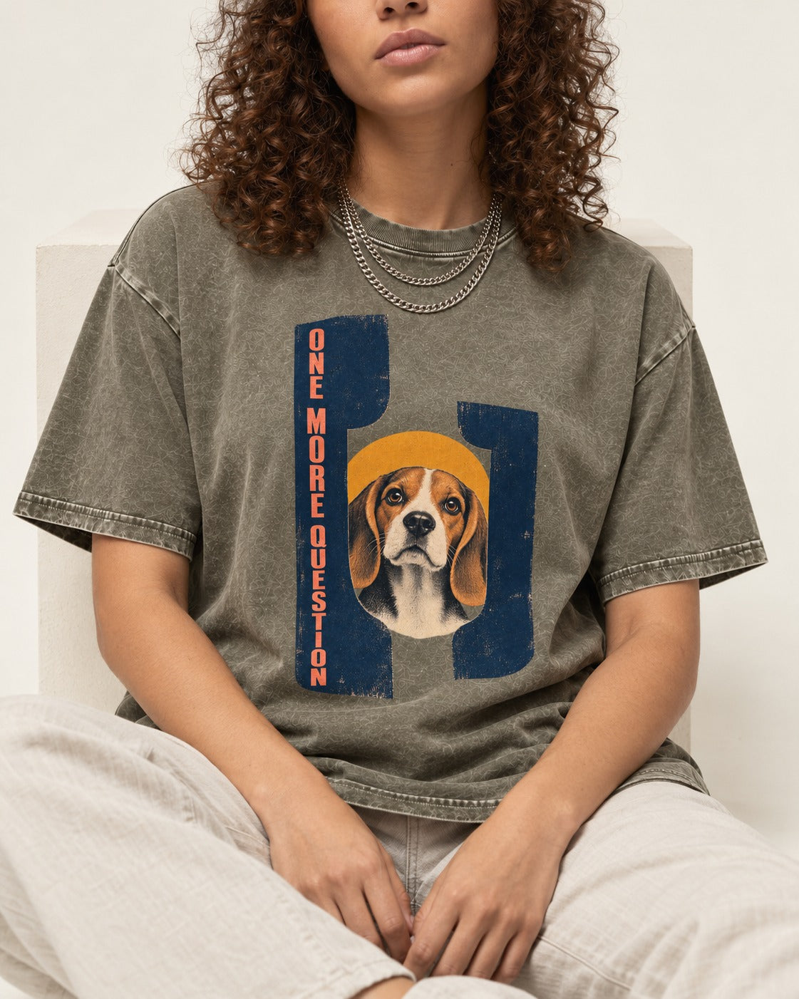 One More Question Beagle Modernist Washed Tee in Army Green, worn by a seated model