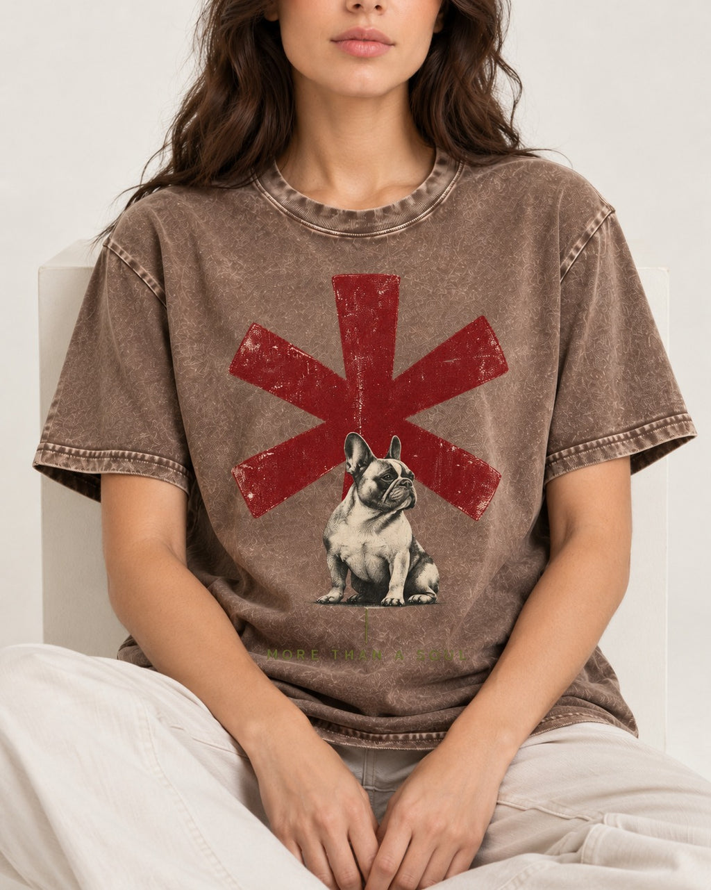 Frenchie More Than a Note Washed Tee in Coffee, worn by a seated model