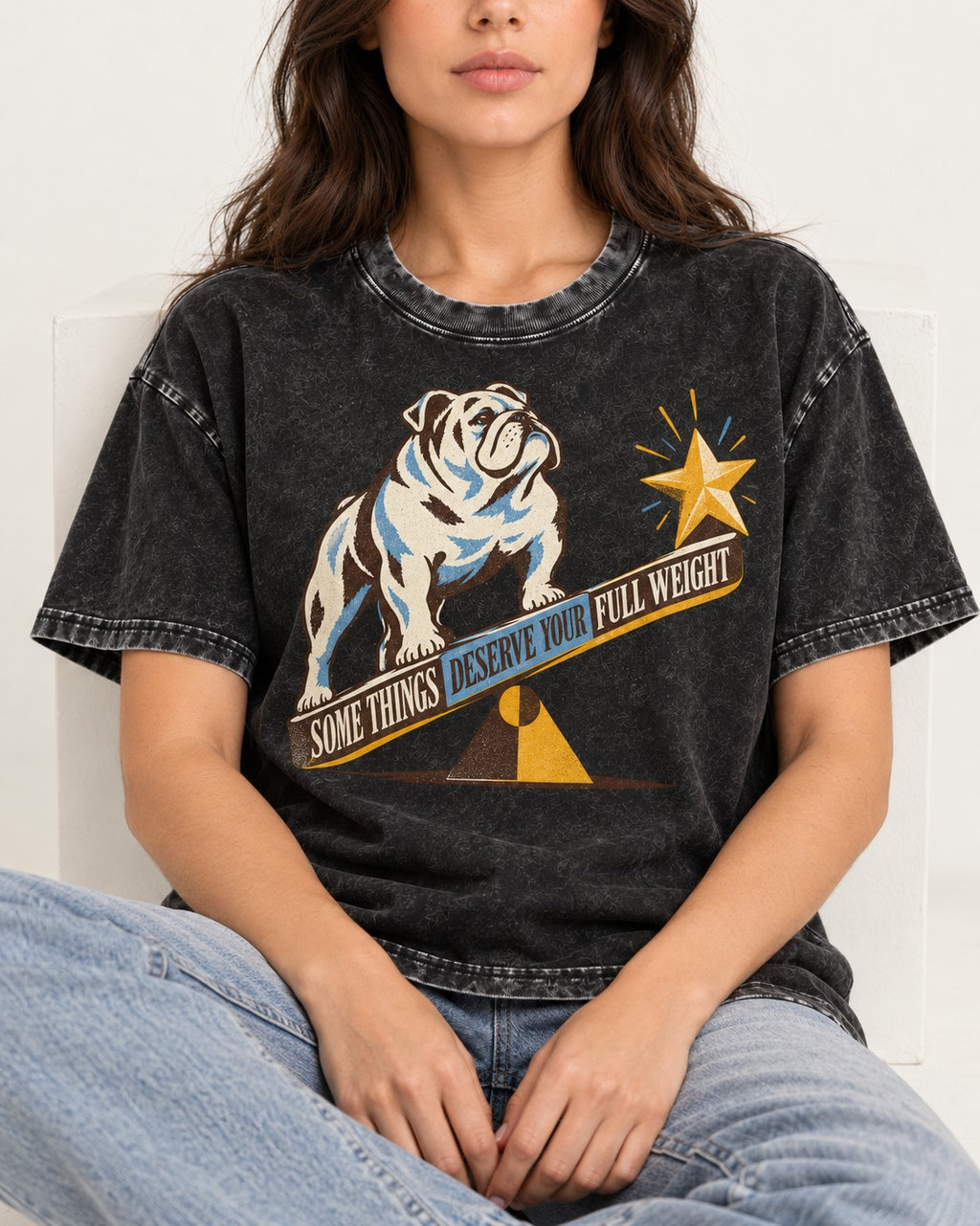 Some Things Deserve Your Full Weight English Bulldog Graphic Washed Tee in Black, worn by a seated model