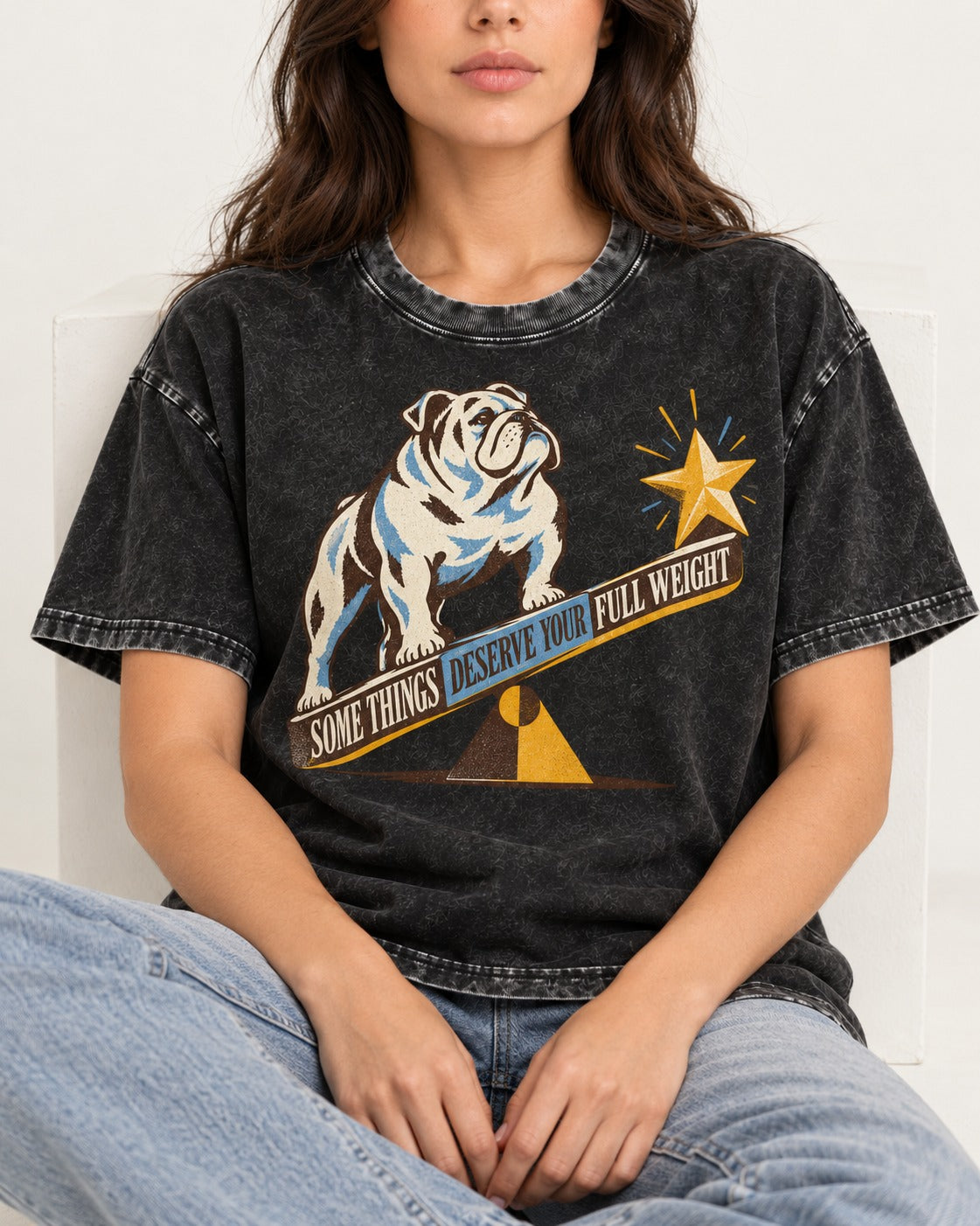 Some Things Deserve Your Full Weight English Bulldog Graphic Washed Tee in Black, worn by a seated model