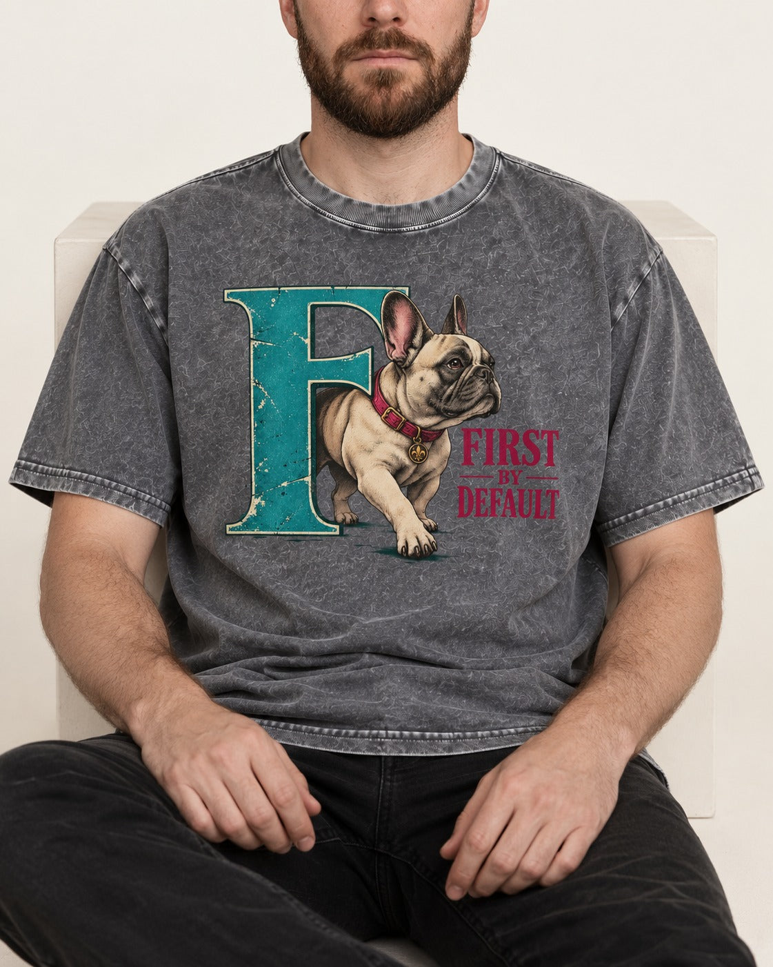 Frenchie First by Default Teal F Graphic Washed Tee in Gray, worn by a seated model