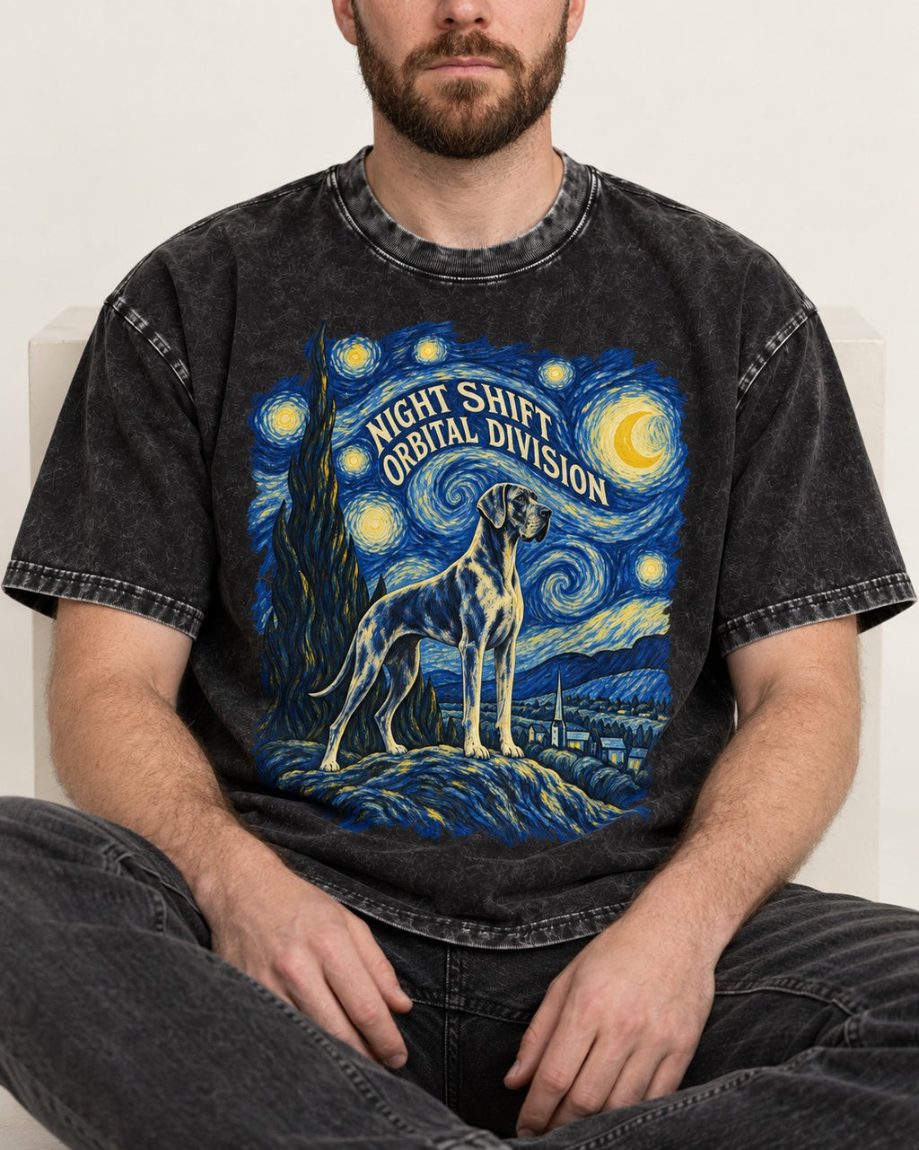 Great Dane Night Shift Orbital Division Starry Sky Graphic Washed Tee in Black, worn by a seated model
