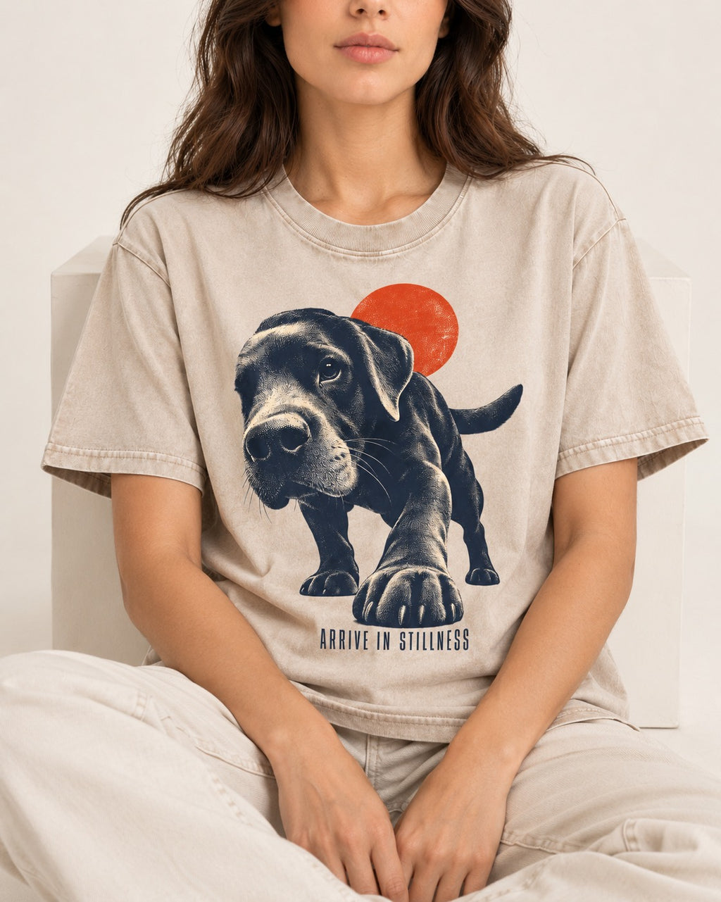 Labrador Retriever Arrive in Stillness Washed Tee in Apricot, worn by a seated model