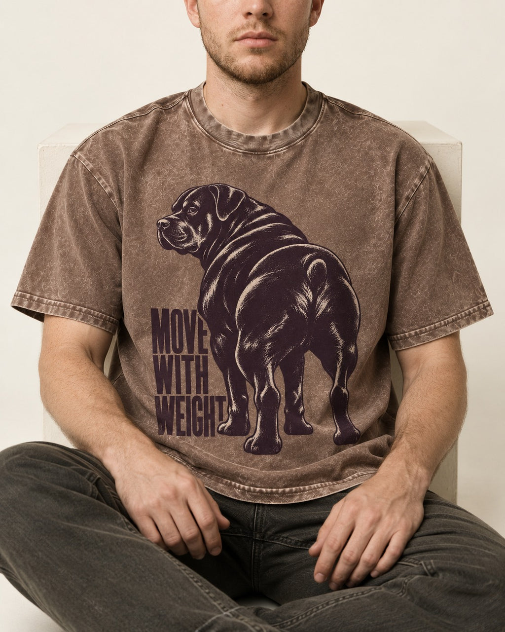 Rottweiler Moves with Weight Washed Tee in Coffee, worn by a seated model