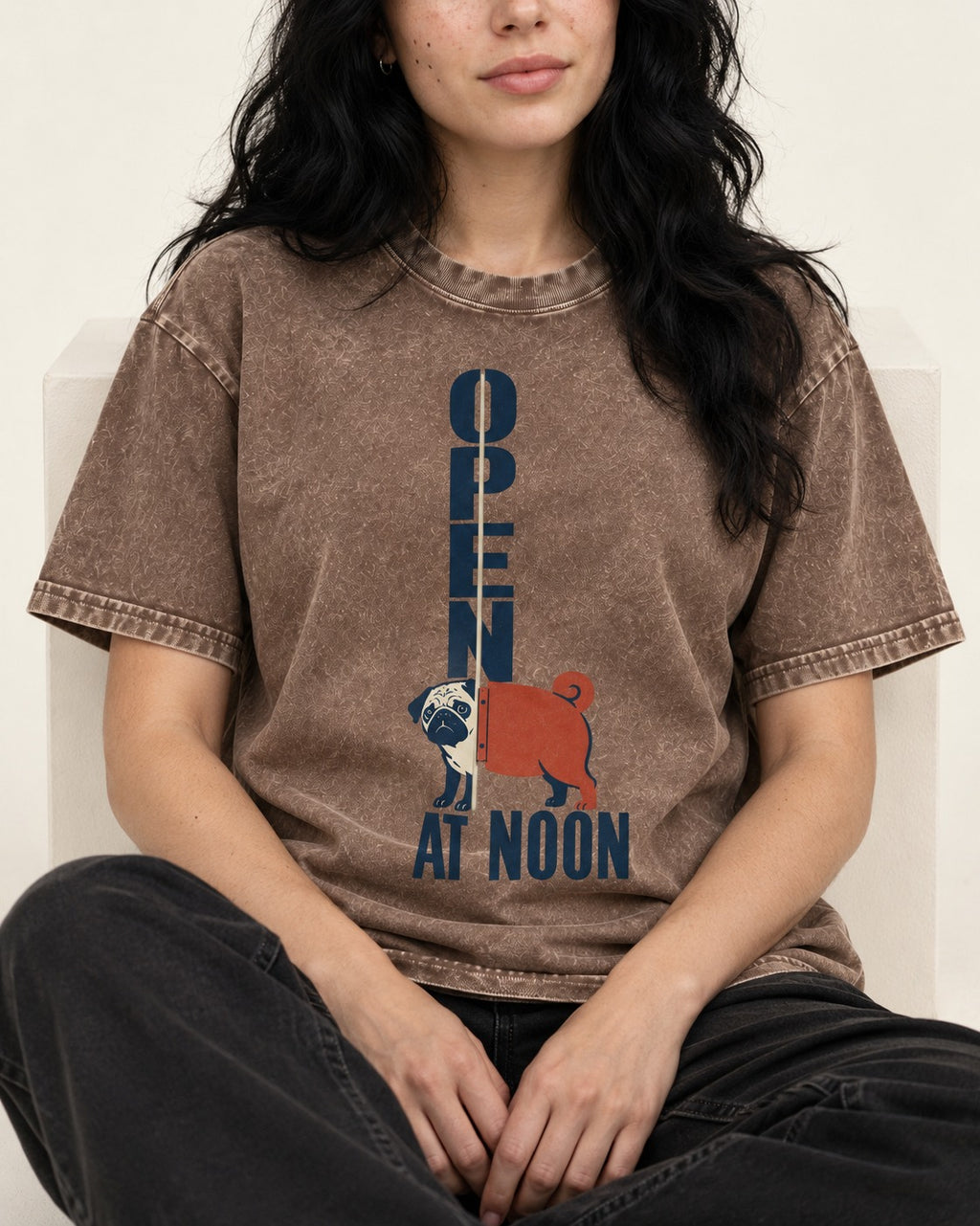 Pug Open at Noon Washed Tee in Coffee, worn by a seated model