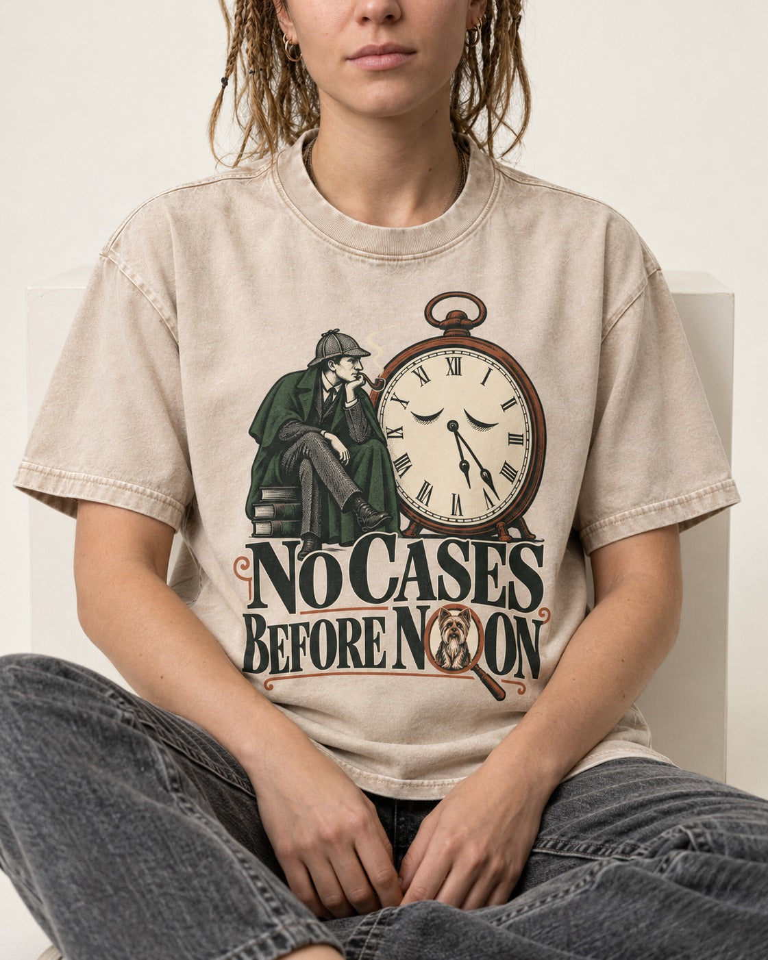 No Cases Before Noon Yorkshire Terrier Washed Tee in Apricot, worn by a seated model
