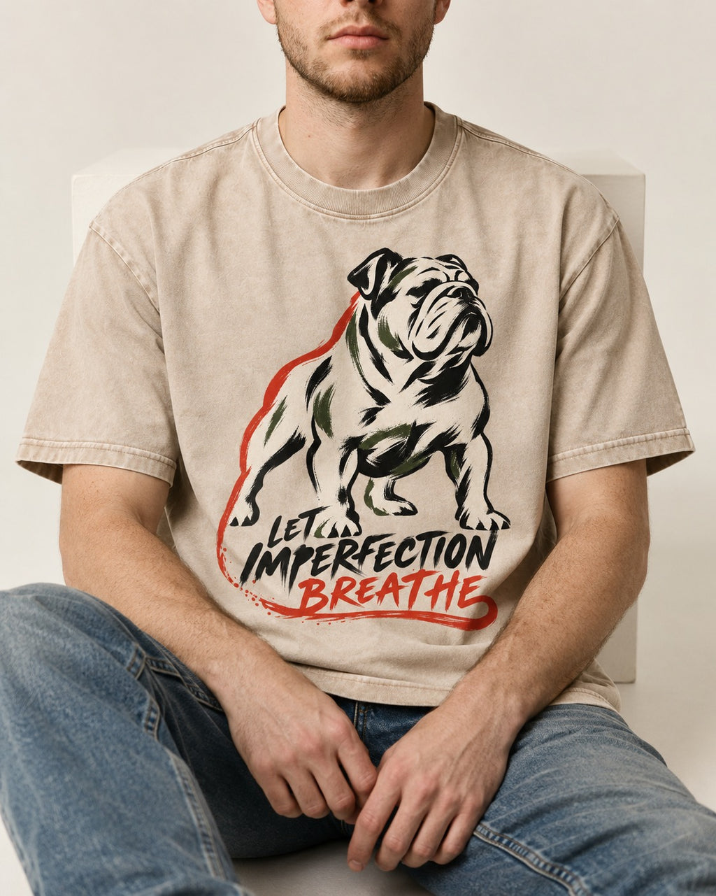Let Imperfection Breathe English Bulldog Washed Tee in Apricot, worn by a seated model