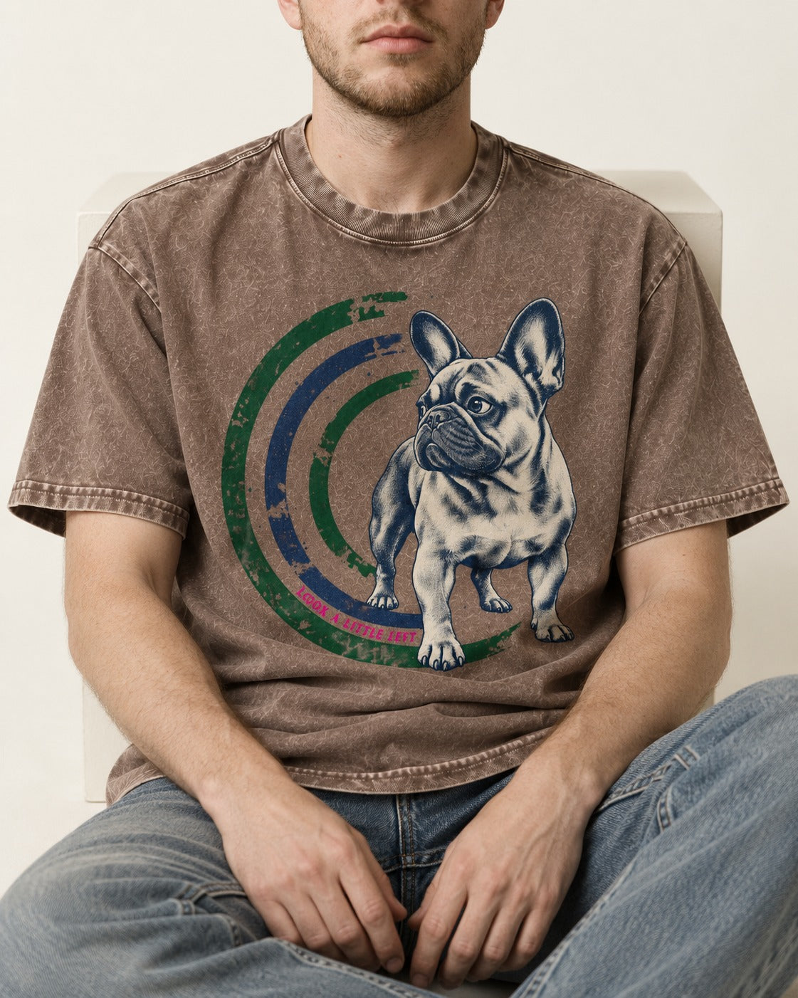 Frenchie Look a Little Left Orbit Graphic Washed Tee in Coffee, worn by a seated model