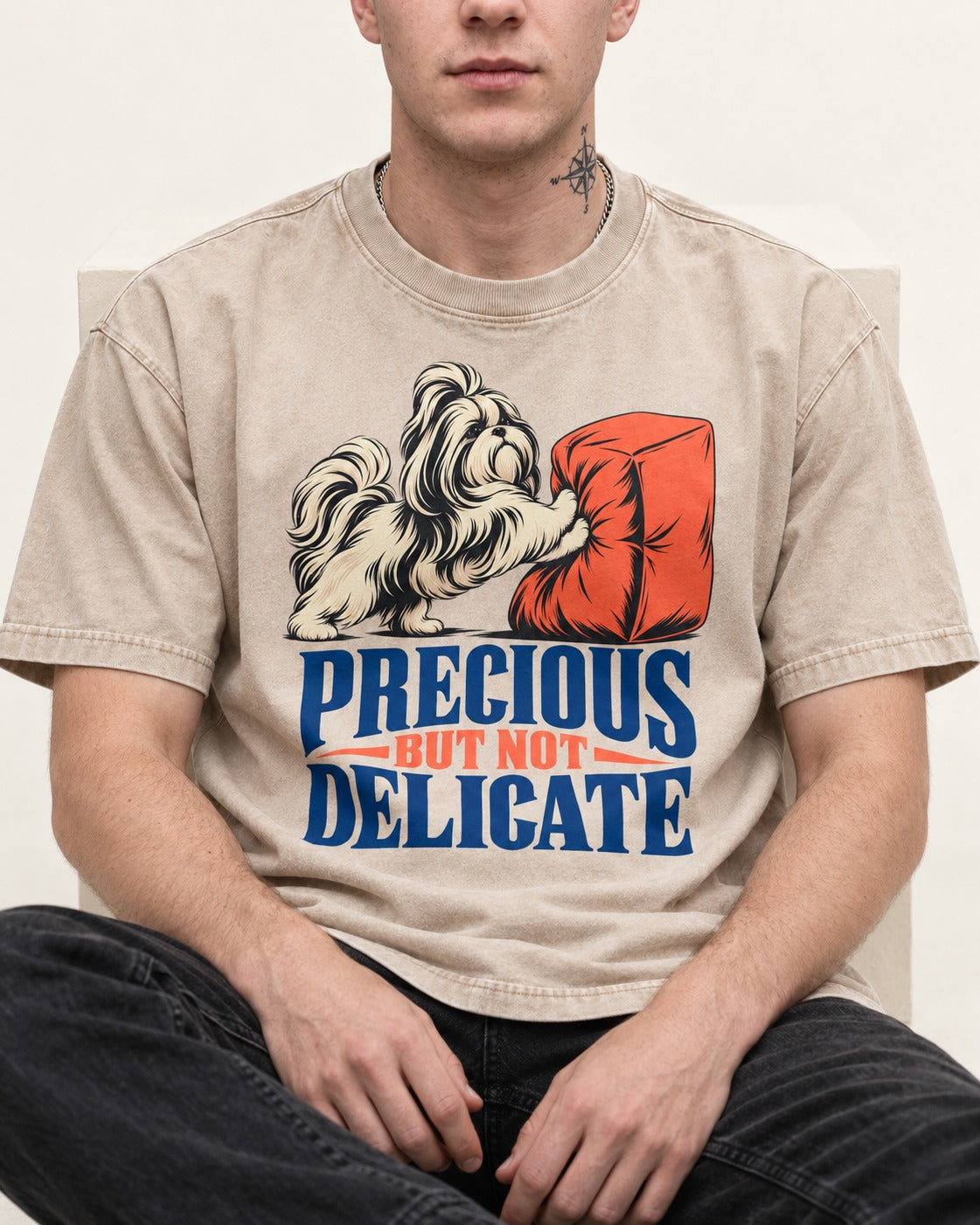 Precious but Not Delicate Shih Tzu Washed Tee in Apricot, worn by a seated model
