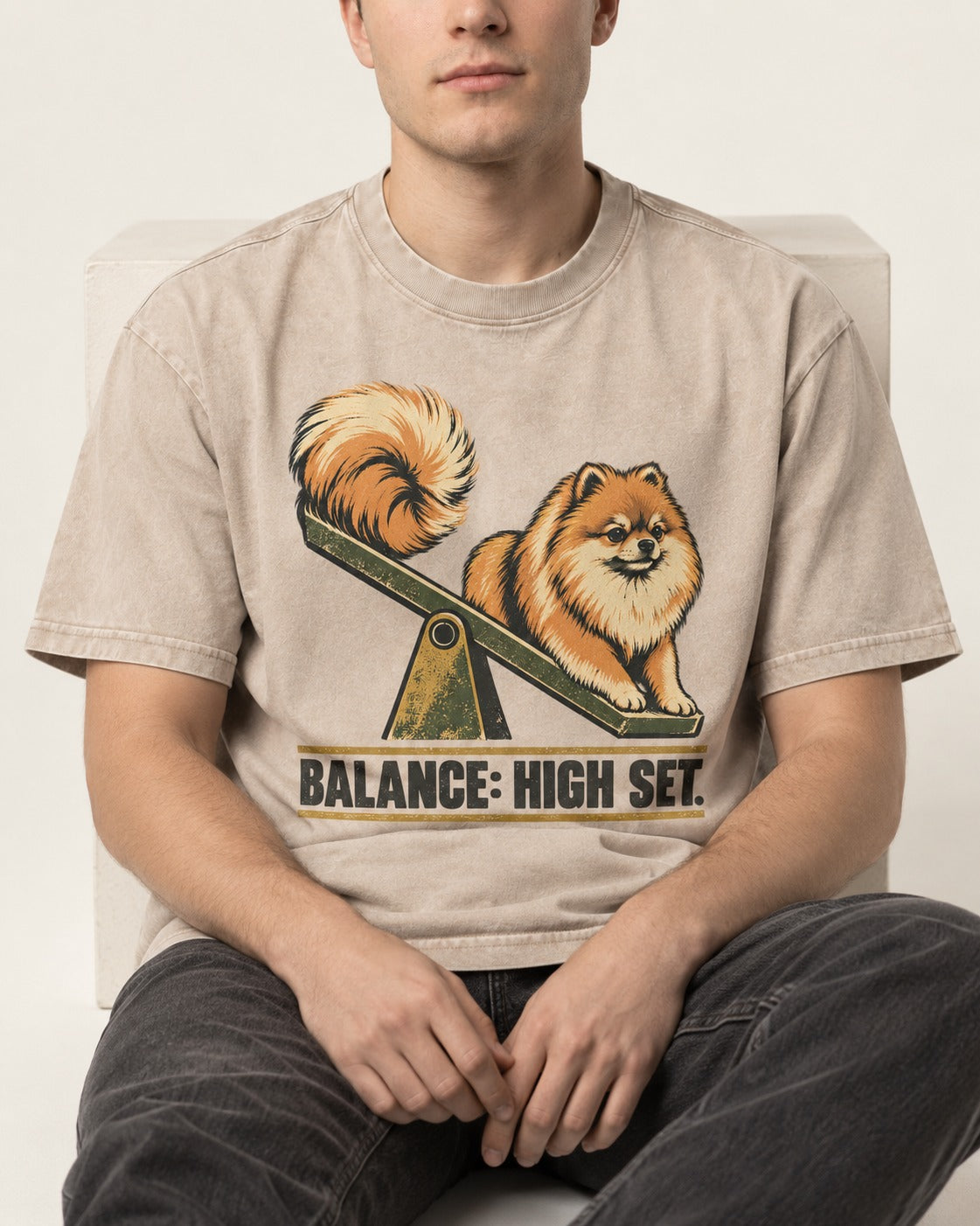 Pomeranian Balance High Set Washed Tee in Apricot, worn by a seated model