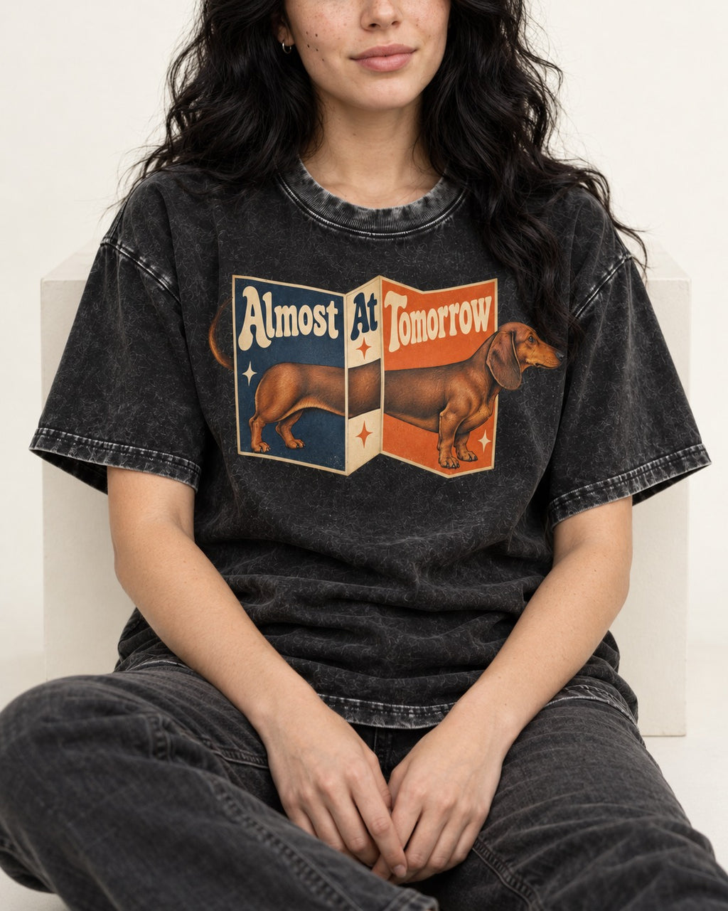 Dachshund Almost At Tomorrow Folding Screen Graphic Washed Tee in Black, worn by a seated model