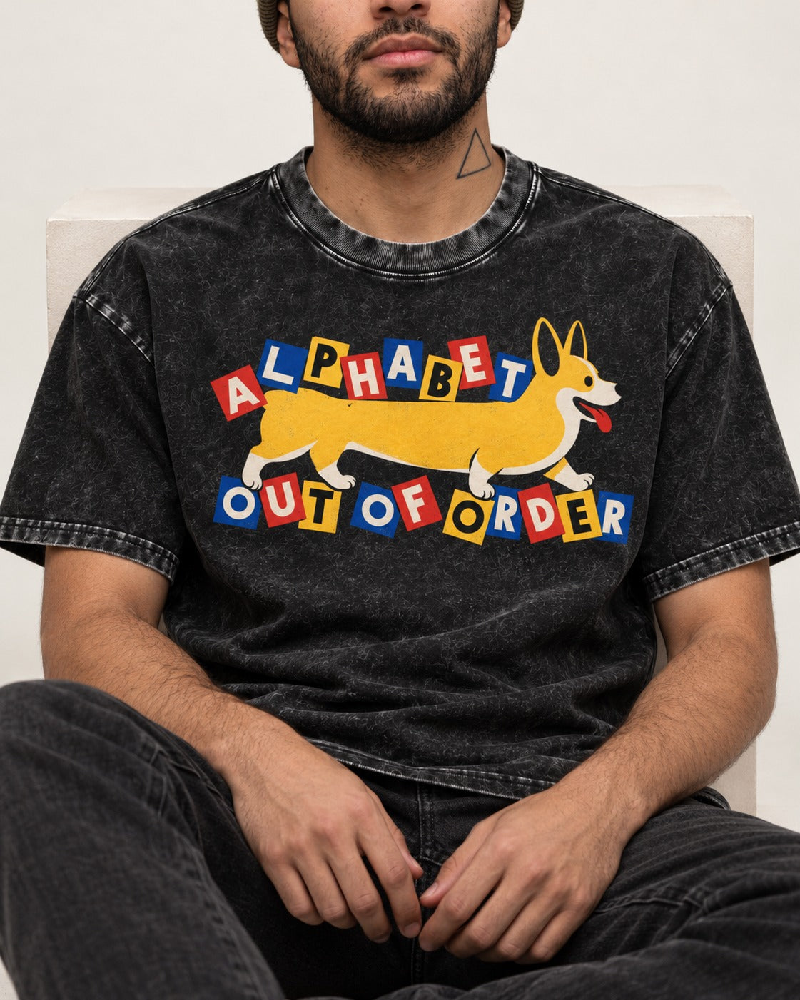 Corgi Alphabet Out of Order Graphic Washed Tee in Black, worn by a seated model