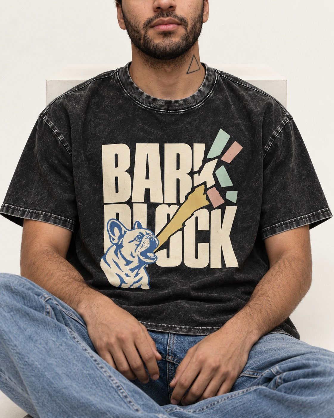 Frenchie Bark Breaks Bark Block Graphic Washed Tee in Black, worn by a seated model