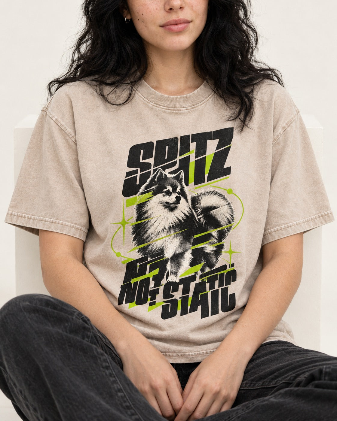 Pomeranian Not Static Washed Tee in Apricot, worn by a seated model