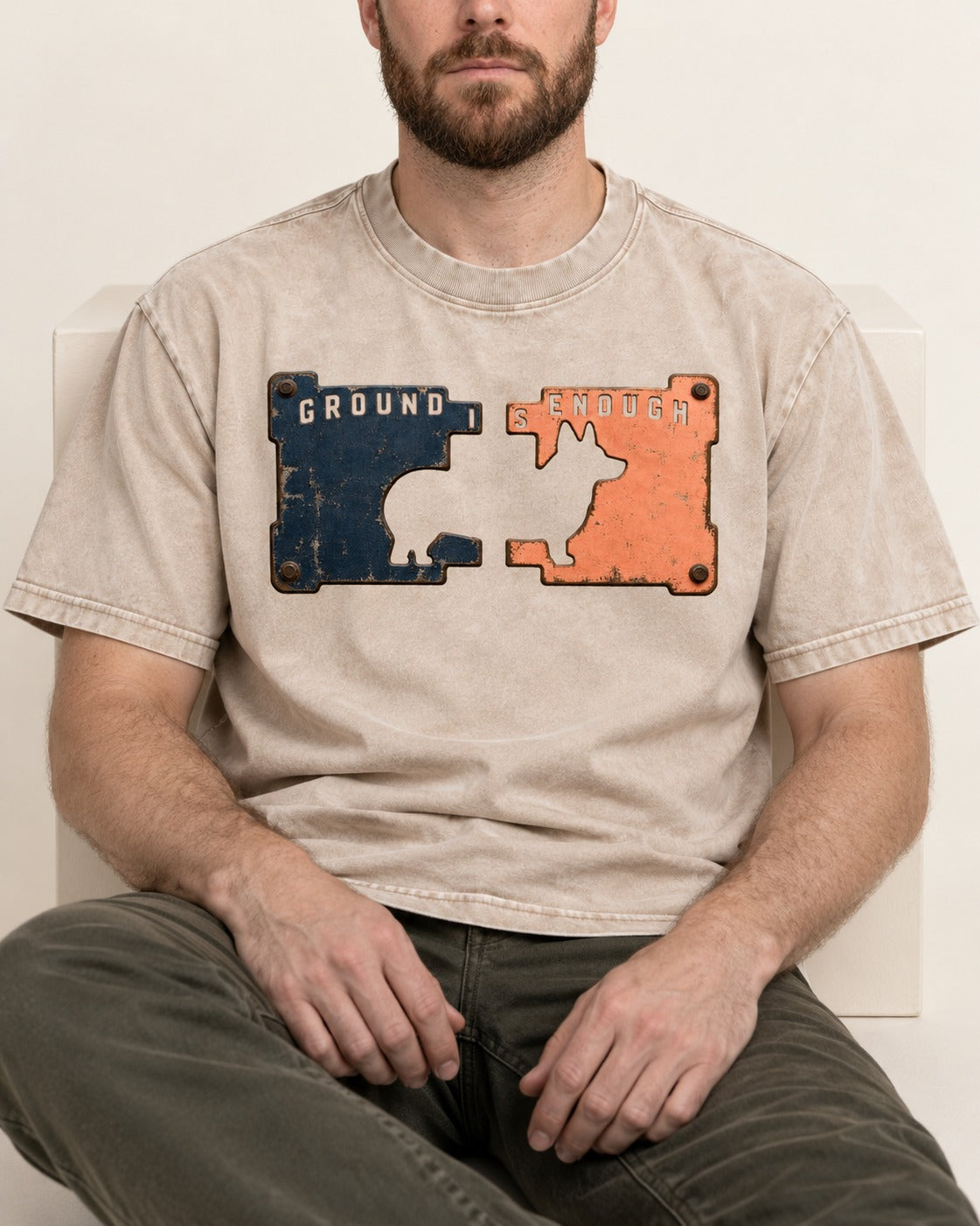 Corgi Is Enough Washed Tee in Apricot, worn by a seated model