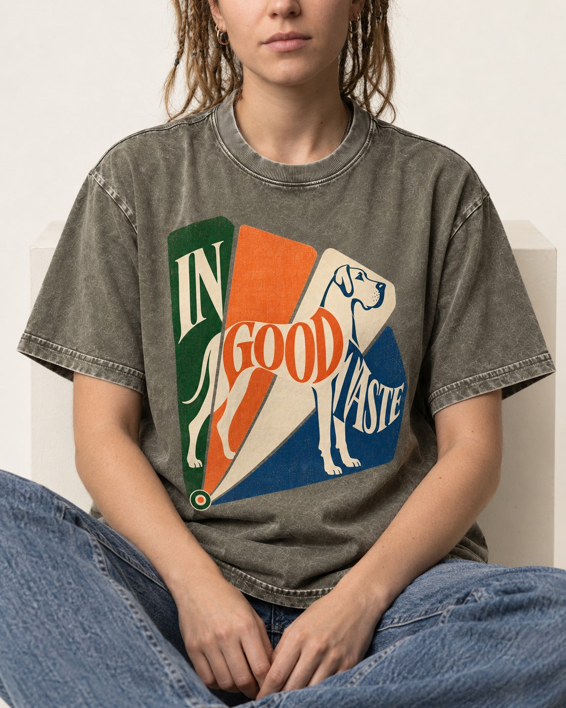Great Dane In Good Taste Color Fan Graphic Washed Tee in Army Green, worn by a seated model