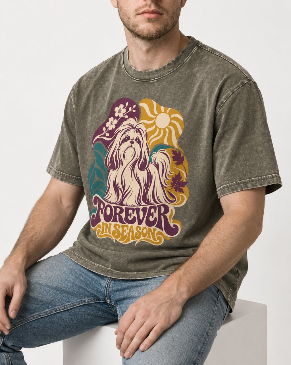 Shih Tzu Forever in Season Botanical Sun Graphic Washed Tee in Army Green, worn by a seated model