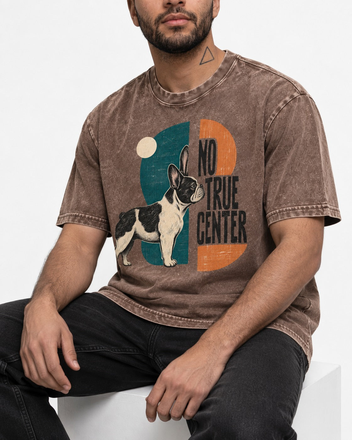 No True Center Frenchie Washed Tee in Coffee, worn by a seated model