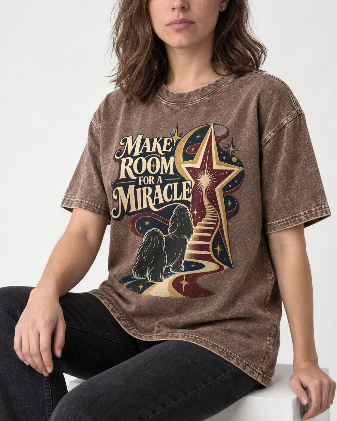 Room for a Shih Tzu Miracle Washed Tee in Coffee, worn by a seated model