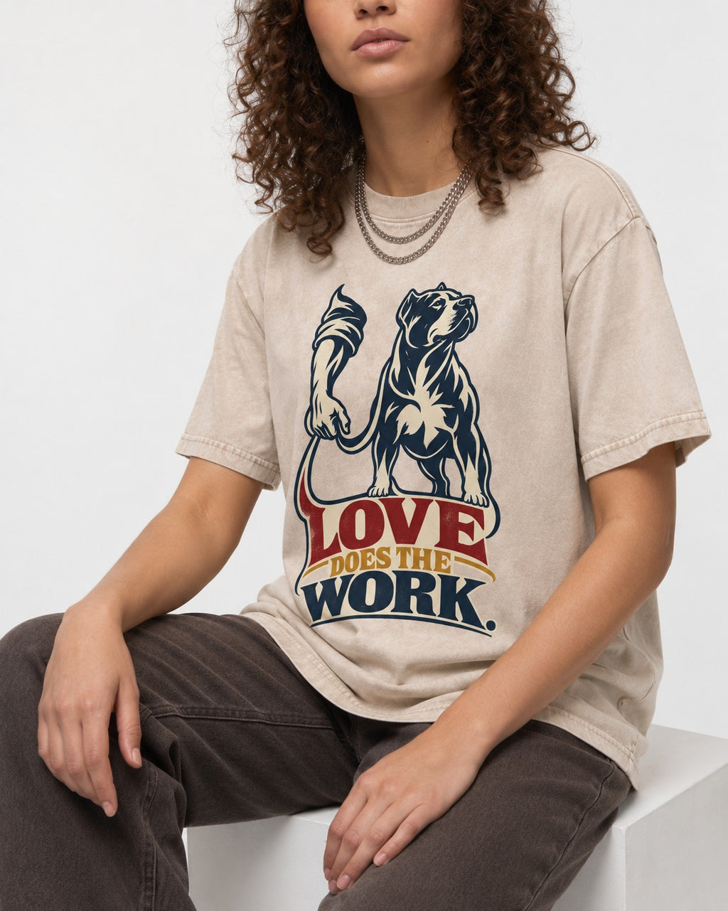 Pitbull Love Does the Work Washed Tee in Apricot, worn by a seated model