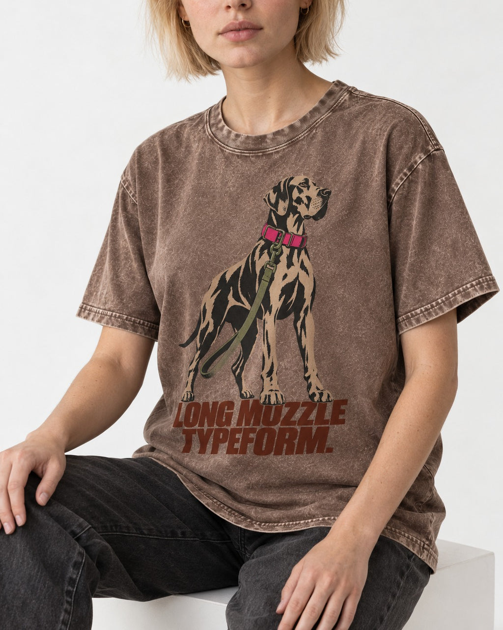 Long Muzzle Typeform Great Dane Washed Tee in Coffee, worn by a seated model