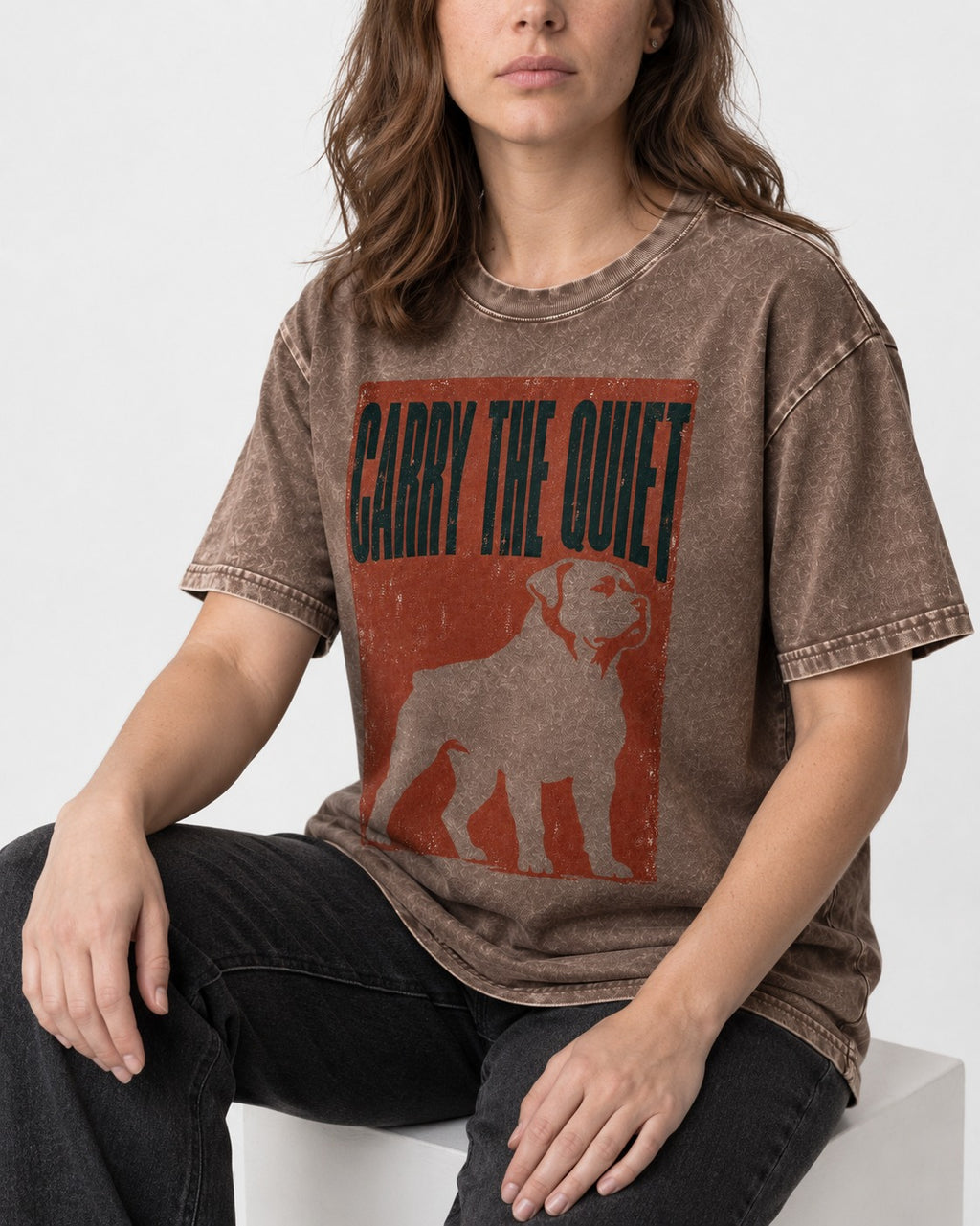 Rottweiler Carry the Quiet Washed Tee in Coffee, worn by a seated model