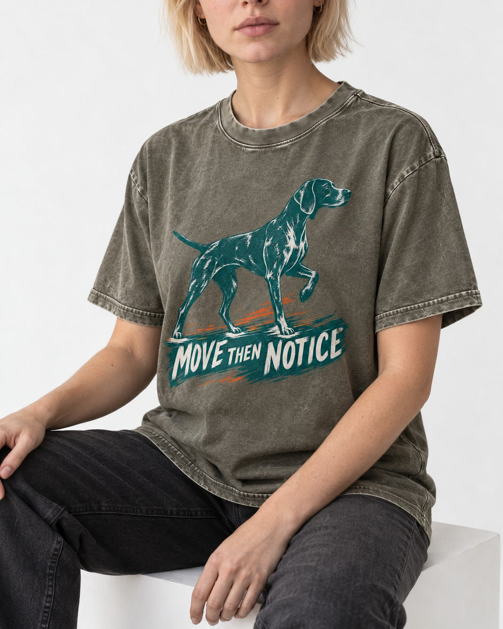 German Shorthaired Pointer Move Then Notice Brushstroke Graphic Washed Tee in Army Green, worn by a seated model
