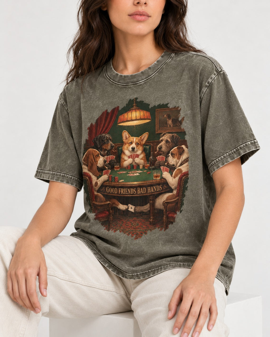 Corgi Good Friends Bad Hands Poker Night Washed Tee in Army Green, worn by a seated model