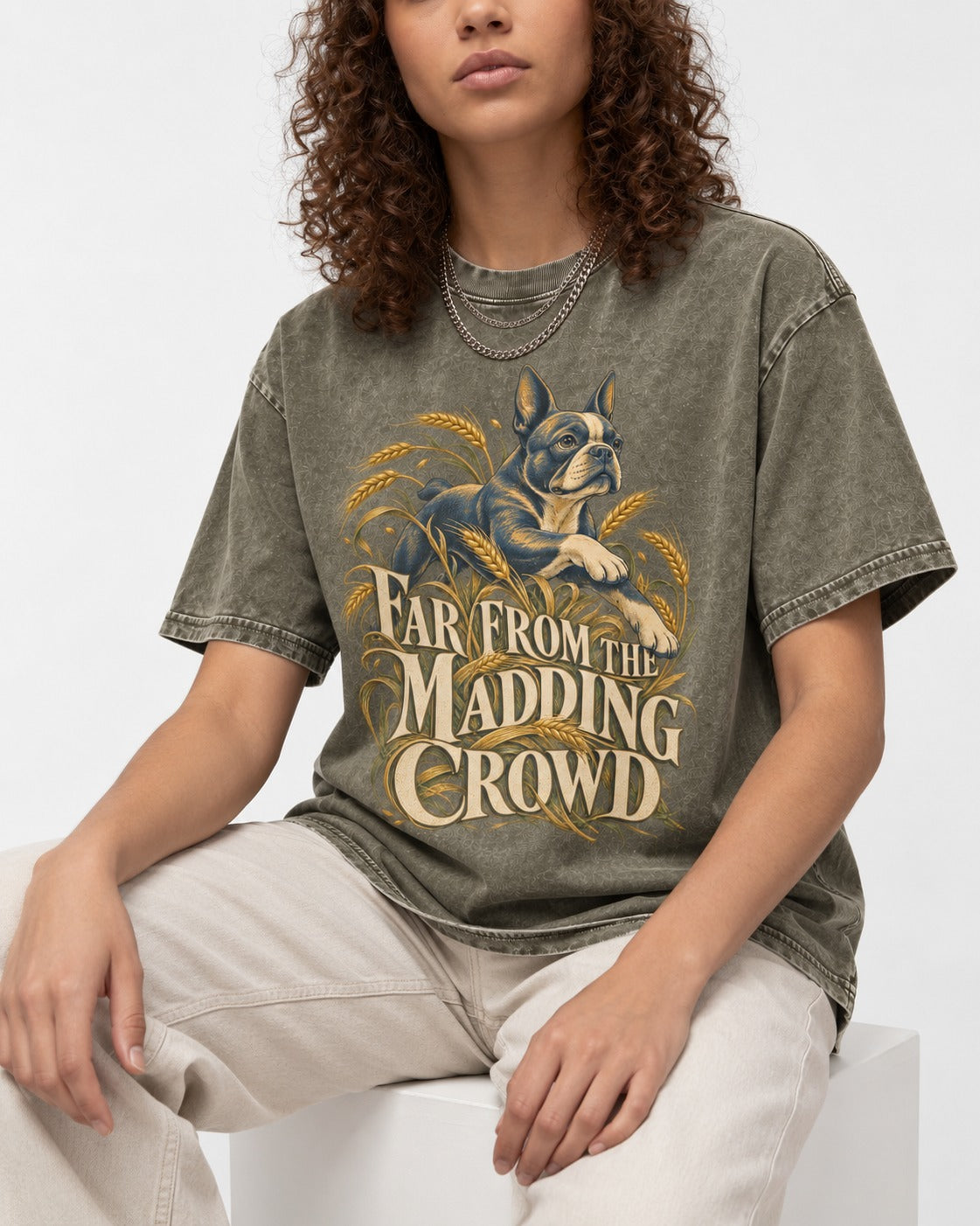 Far From the Madding Crowd Boston Terrier Washed Tee in Army Green, worn by a seated model