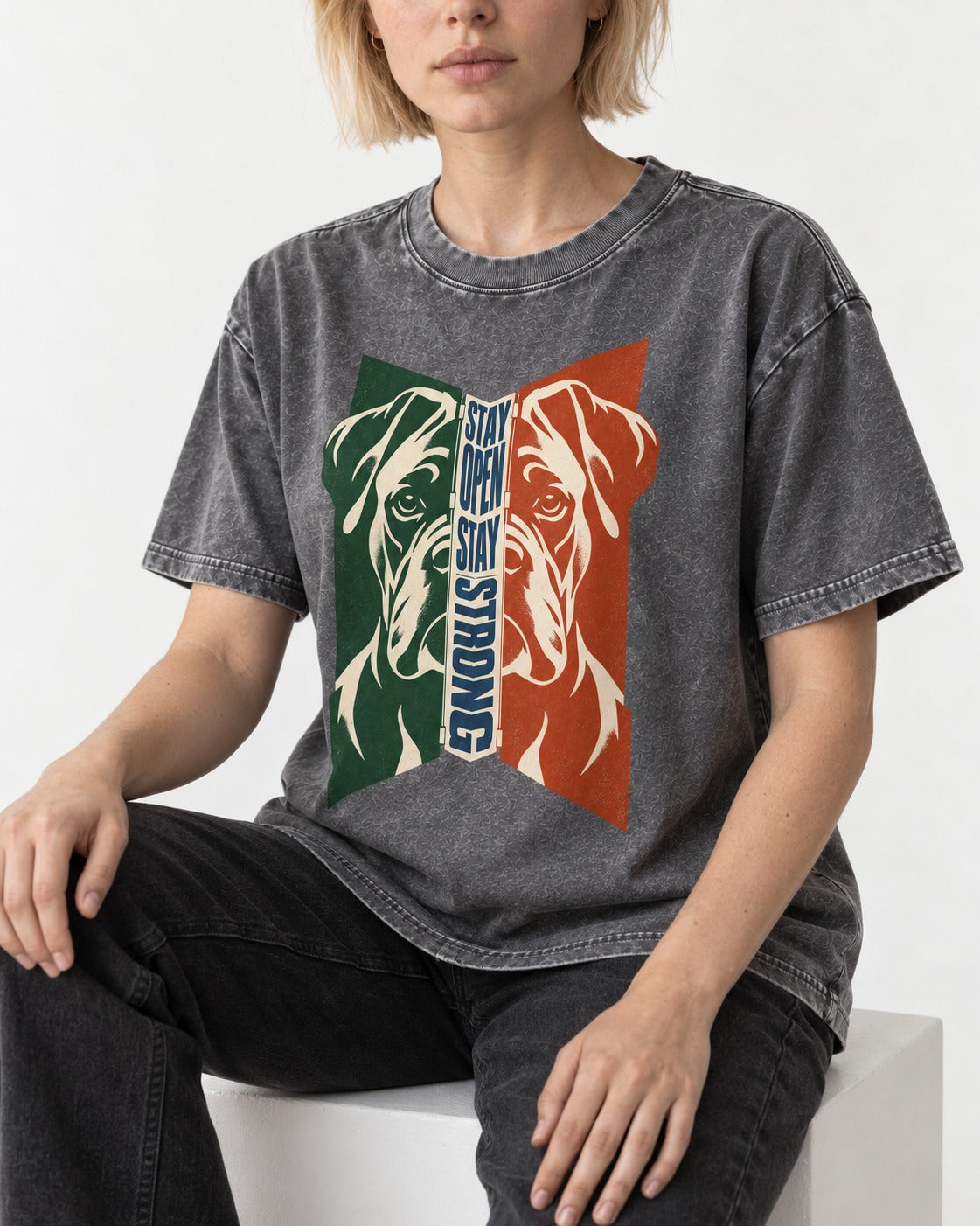 Boxer Stay Open Stay Strong Washed Tee in Gray, worn by a seated model