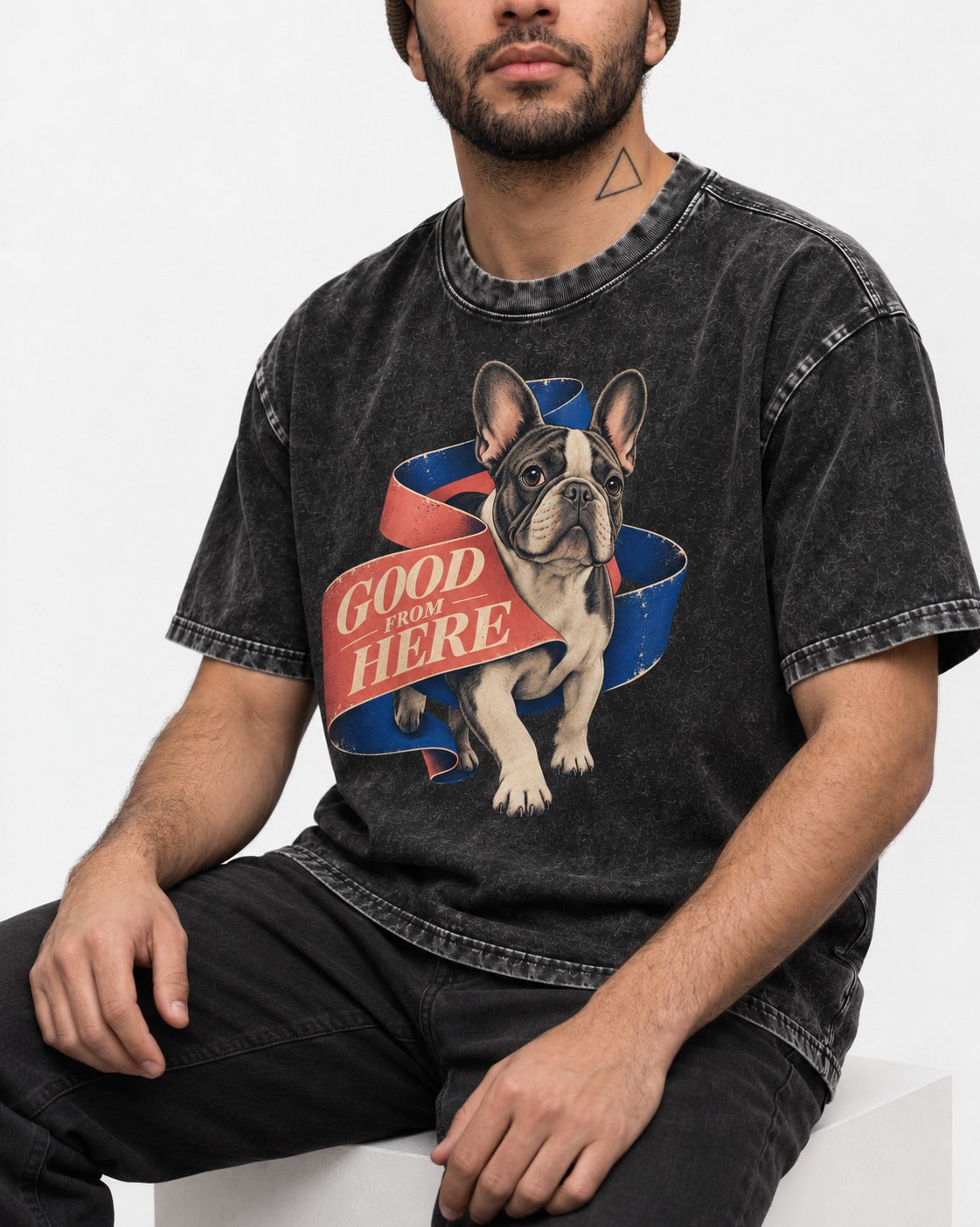 Frenchie Good From Here Ribbon Graphic Washed Tee in Black, worn by a seated model