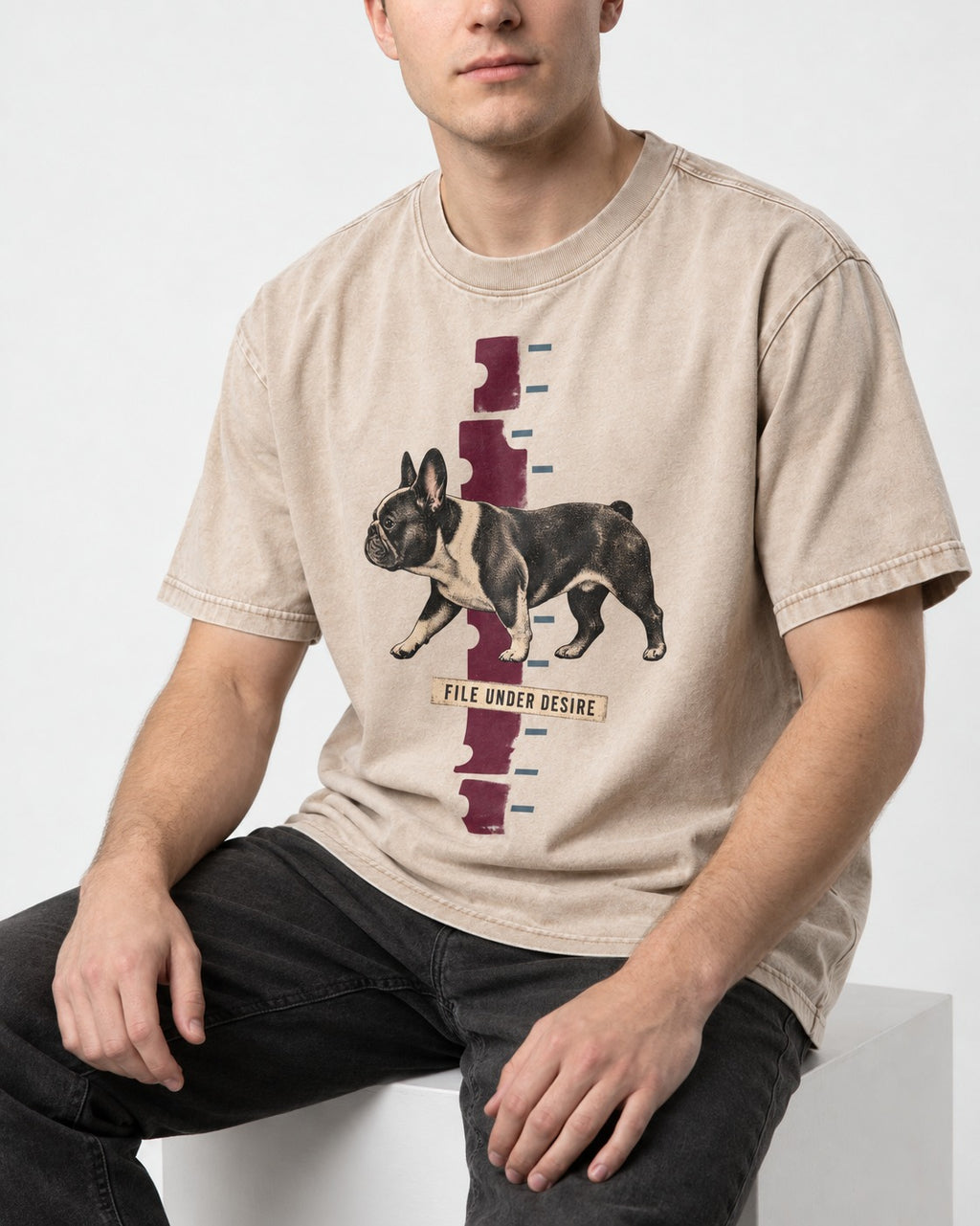 File Under Frenchie Desire Washed Tee in Apricot, worn by a seated model