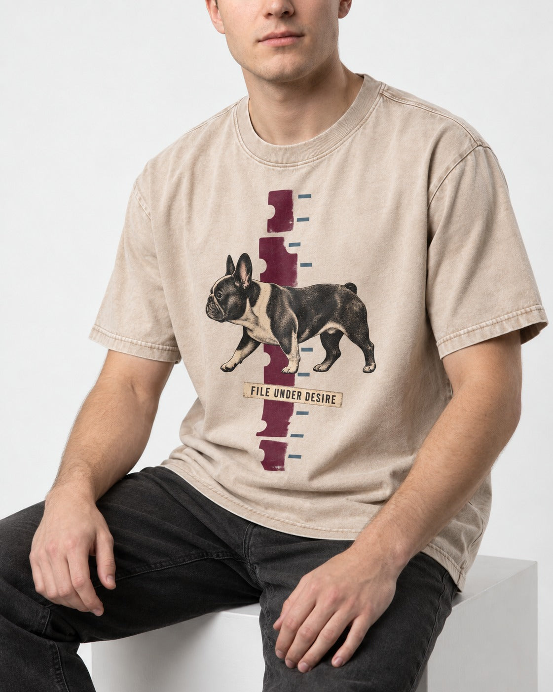 File Under Frenchie Desire Washed Tee in Apricot, worn by a seated model