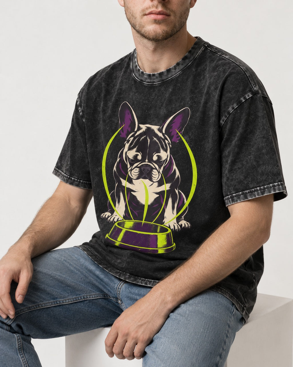 Frenchie Bowl Gravity Graphic Washed Tee in Black, worn by a seated model