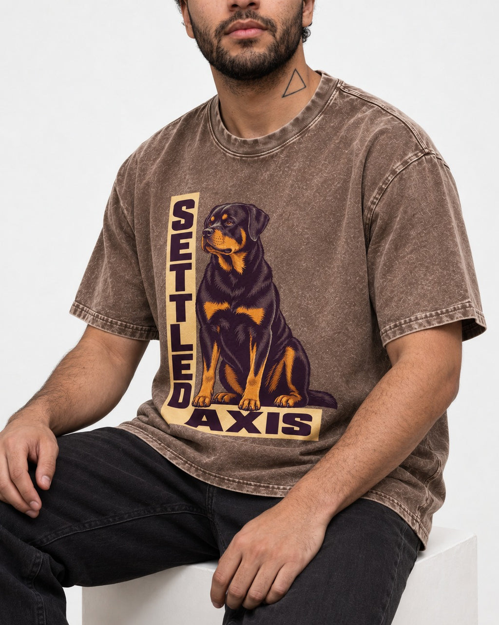 Settled Axis Rottweiler Washed Tee in Coffee, worn by a seated model