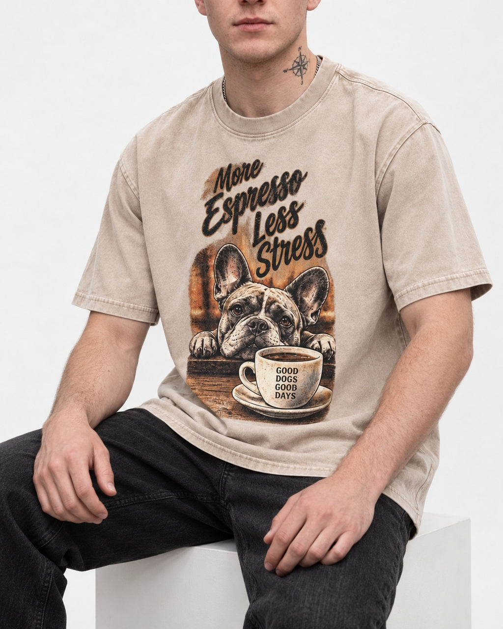 Frenchie More Espresso Less Stress Washed Tee in Apricot, worn by a seated model
