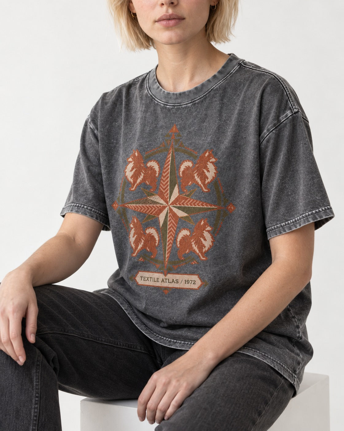 Pomeranian Textile Atlas Compass Rose Graphic Washed Tee in Gray, worn by a seated model