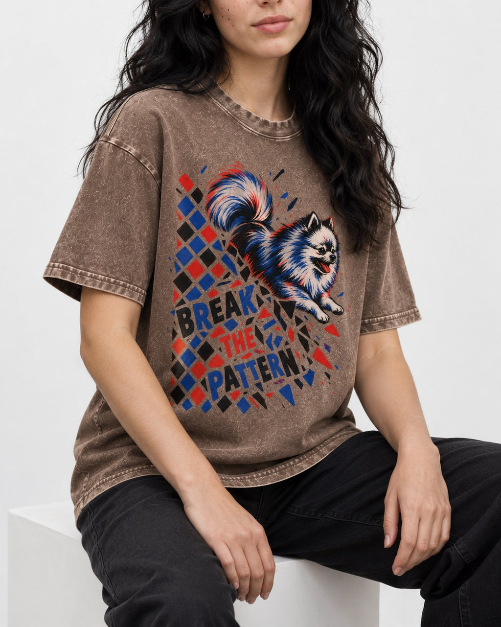 Pomeranian Break the Pattern Washed Tee in Coffee, worn by a seated model