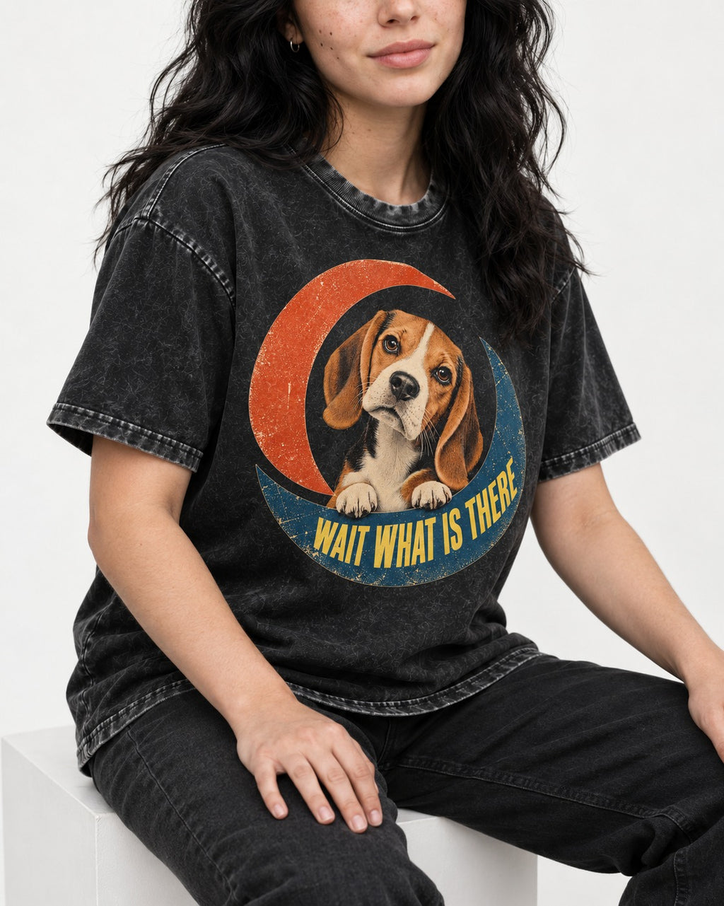 Wait What Is There Beagle Crescent Washed Tee in Black, worn by a seated model