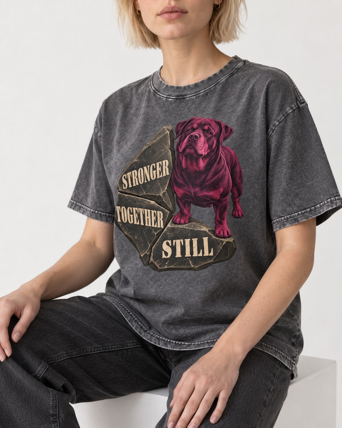 Rottweiler Stronger Together Still Foundation Stone Graphic Washed Tee in Gray, worn by a seated model