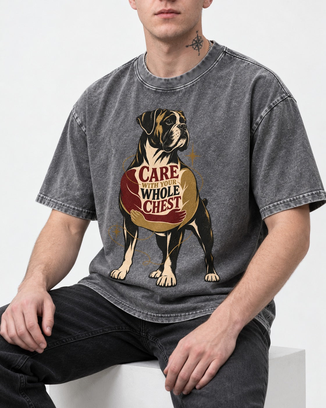 Boxer Care With Your Whole Chest Washed Tee in Gray, worn by a seated model