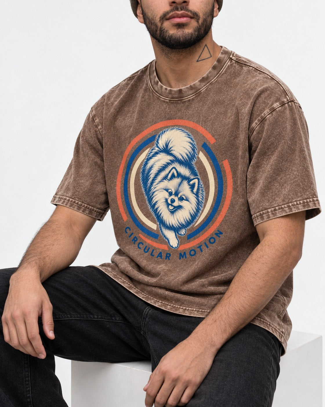 Pomeranian Circular Motion Washed Tee in Coffee, worn by a seated model