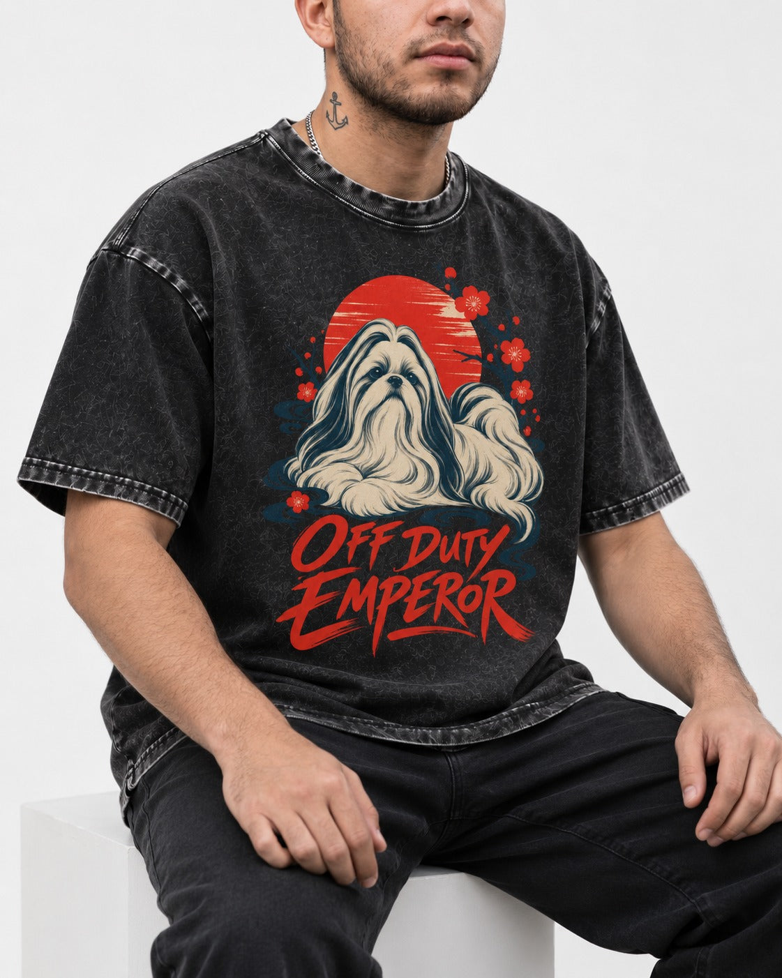 Shih Tzu Off Duty Emperor Sunset Blossom Graphic Washed Tee in Black, worn by a seated model